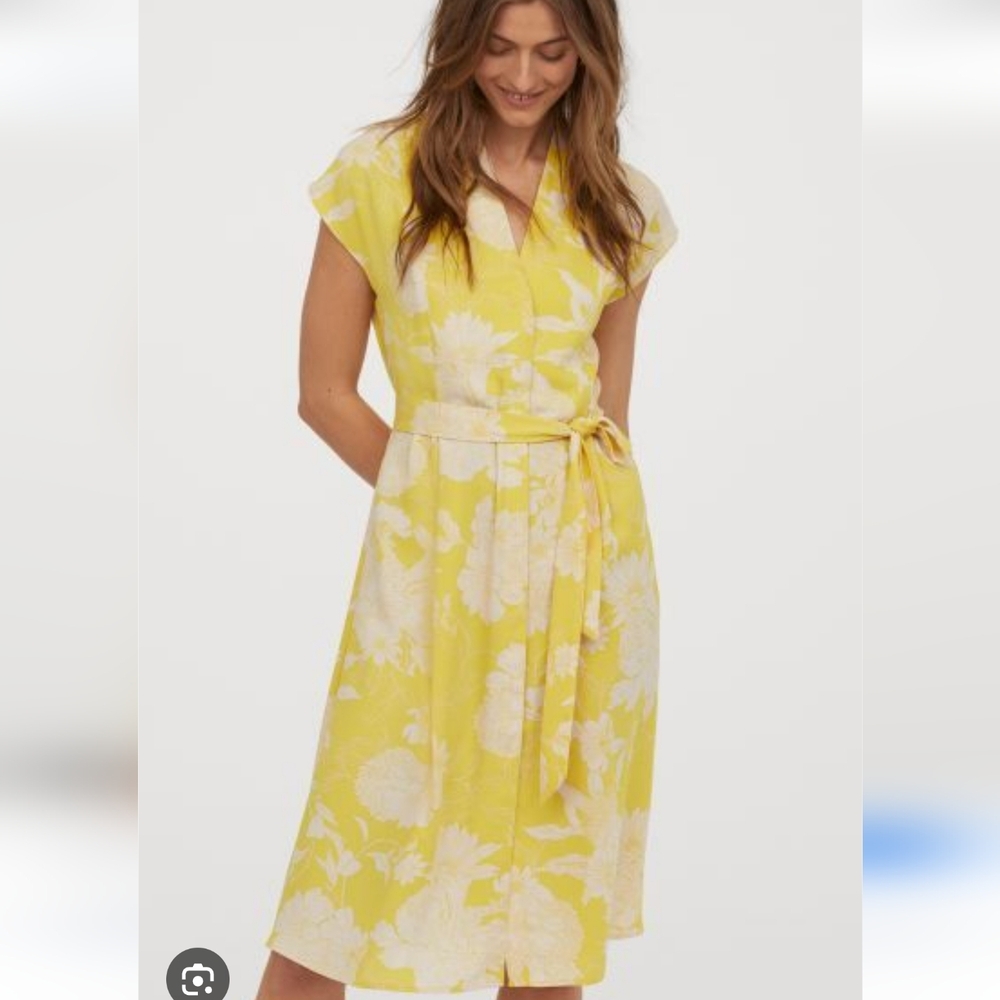 H&M Yellow Floral Tie-Belt Midi Button Front Shift Dress Size XS